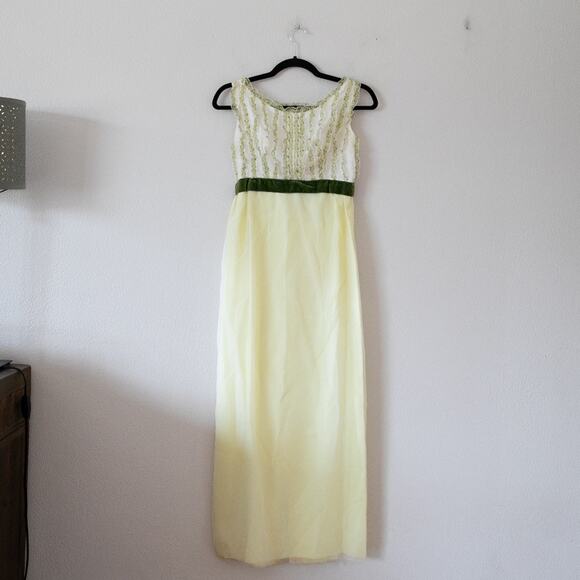 Vintage 1960s Nadine Floral Yellow Empire Waist Chiffon Dress - Picture 1 of 12
